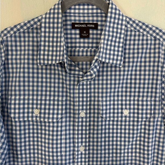 MICHAEL KORS Mens Blue And White Checkered Casual Button Down Size Medium - Picture 2 of 7